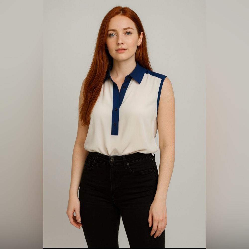Club Monaco blue & white sleeveless silk shirt
